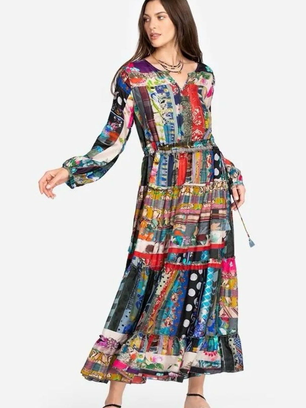 Johnny Was Sonnet Dixie Dress 100% Silk Maxi Patchwork Boho Tiered *No Slip Sz M